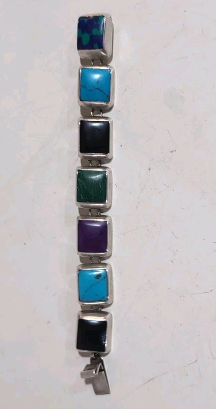 Vtg 1980s Mexican Sterling Silver Multi Stone Link Bracelet C-11 Cuernavaca